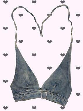 New Pink Denim Halter Top Rhinestone Buckle Strap Detail Size Medium
